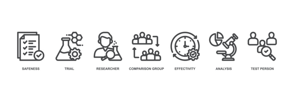 Clinical study concept icon illustration contain safeness, trial, researcher, comparison group, effectivity, analysis and test person.