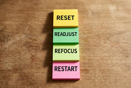 Reset readjust refocus restart wooden blocks motivation. Success business strategy change improvement development stack beige desk.
