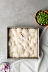overhead view of slices of onion and scallion focaccia dough in a square baking pan, top view of airy bubbly onion focaccia dough proofing on a cement countertop
