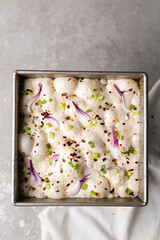 overhead view of slices of onion and scallion focaccia dough in a square baking pan, top view of airy bubbly onion focaccia dough proofing on a cement countertop