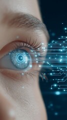 Human eye enhanced with nano sensors advanced tech theme macro close-up, Realistic Photo