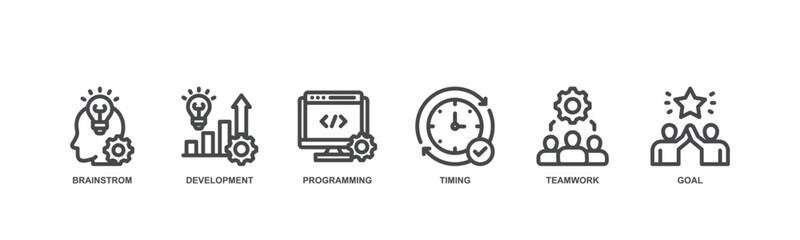 Hackathon concept icon illustration contain brainstorm, development, programming, timing, teamwork and goal. 