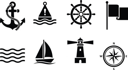 WebNautical icon set, anchor buoy compass sailboat lighthouse, black white vector, marine symbol, cad drawing flat vector illustration © Md