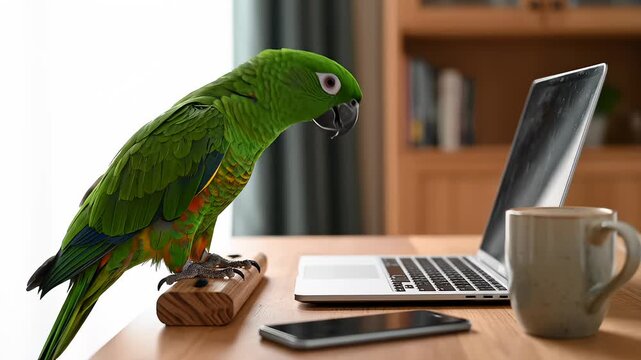 Parrot Perched Next to Laptop on Desk Inside Home Office Setting