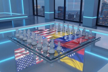 Fototapeta premium Glass chess board with USA and venezuela flags reflecting in modern office with blue neon lights