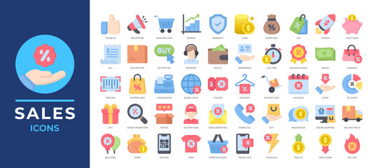 Fototapeta premium Sales icons set collection featuring shopping, discounts, money, promotion elements and more. Perfect for e-commerce apps, marketing designs, and online store dashboards.
