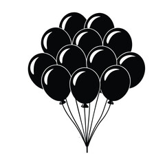 Black and white line art of two floating balloons with strings,Simple line art illustration of three balloons, one black and two white,