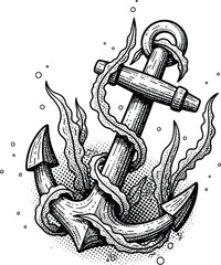 Old School Nautical Anchor with Kelp Vector Illustration Black and White Engraving Style © Ustro