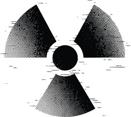Distressed Halftone Radiation Symbol Black and White Vector with Glitch Effect