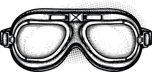 Vintage Aviator Goggles Black and White Engraving Style Vector with Halftone Dots