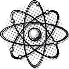 Atom Structure Engraving Style Vector Illustration Black and White Science Symbol with Halftone Dots