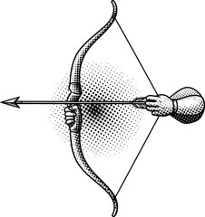 Vintage Engraving Style Bow and Arrow with Hand Drawing String Halftone Dot Vector Illustration