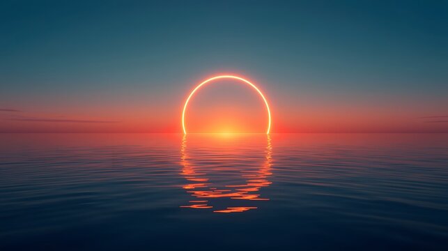 Surreal neon circle glowing over calm ocean at sunset, futuristic horizon scene with reflection, symmetry, and dreamy atmospheric light
