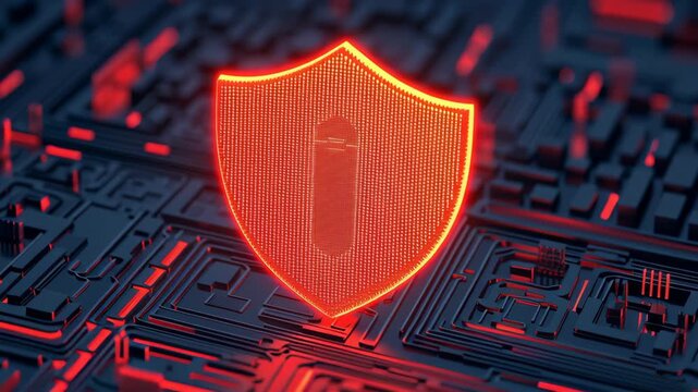 Cybersecurity digital protection technology with glowing shield on circuit board for secure workflow
