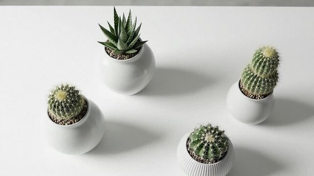 Minimalist studio shot of small potted cacti on white background with clean, modern composition.