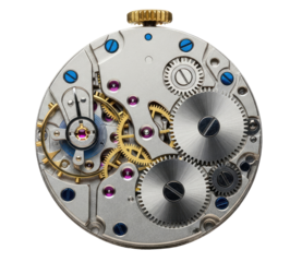 A close-up of a mechanical watch mechanism with gears and screws, showcasing the intricate details of a timepiece.