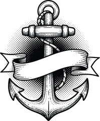 Vintage Anchor Nautical Symbol with Blank Ribbon Banner Black and White Halftone Engraving Style Vector Illustration
