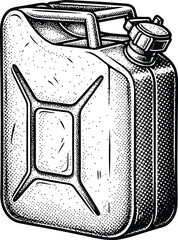 Vintage Jerrycan Gas Can Vector Illustration Black and White Engraving Style with Halftone Dot Shading