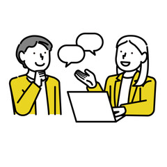 スーツ姿の男女がPCを見ながら会話する上半身イラスト:打ち合わせ:説明