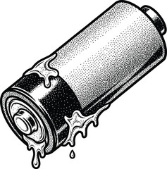Leaking corroded battery illustration in vintage dotwork engraving style