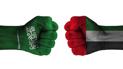 Saudi arabia and united arab emirates flags displayed on opposing fists
