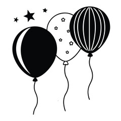 Black and white line art of two floating balloons with strings,Simple line art illustration of three balloons, one black and two white,