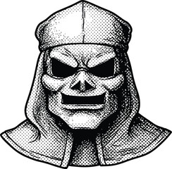 Vintage Comic Style Hooded Mask Vector Illustration Halftone Dot Shading Scary Face