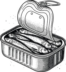 Vintage black and white illustration of an open tin can filled with sardines in a detailed halftone shading style