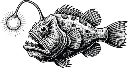 Anglerfish vector tattoo drawing detailed vintage illustration black and white