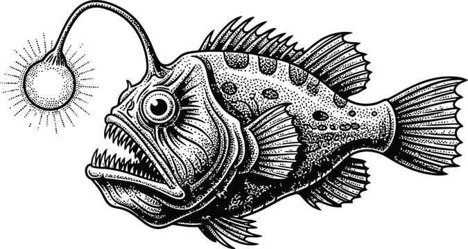 Anglerfish vector tattoo drawing detailed vintage illustration black and white