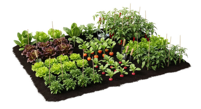 A vibrant vegetable garden with a variety of green and red plants, including lettuce, tomatoes, and peppers, surrounded by black soil and wooden stakes.