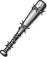 Barbed Wire Baseball Bat Comic Style Vector Illustration Black and White Halftone Dots