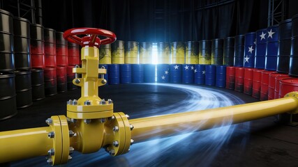 Silhouette of oil rig and oil barrels on a background of Venezuela flag