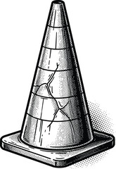 Black and white retro engraving drawing of a cracked traffic safety cone with halftone shading isolated on white background