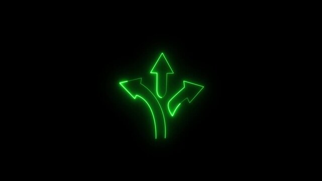 Green neon arrows branching out on a dark background representing choices and direction, abstract glowing animation loop