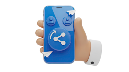 3D Cartoon Hand Holding Smartphone with Social Sharing Icons and Paper Airplanes