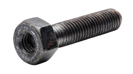 Industrial steel bolt joining with a nut, showing rust texture and threaded design. Metal construction hardware element