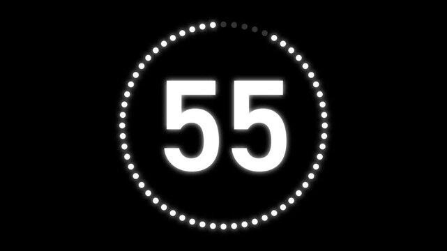 Digital countdown timer 60 seconds with white glowing dots animation
