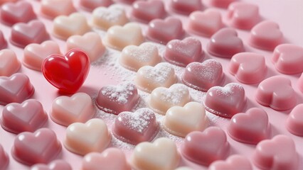 A collection of heart shaped candies in soft pink and cream tones with a single vibrant red heart dusted with sugar. Perfect for a romantic Valentine Day celebration.