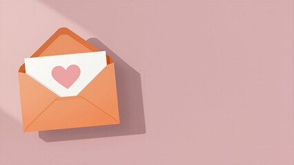 An open peach envelope containing a white greeting card with a pink heart icon on a dusty rose background. Valentines Day.