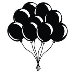 Black and white line art of two floating balloons with strings,Simple line art illustration of three balloons, one black and two white,