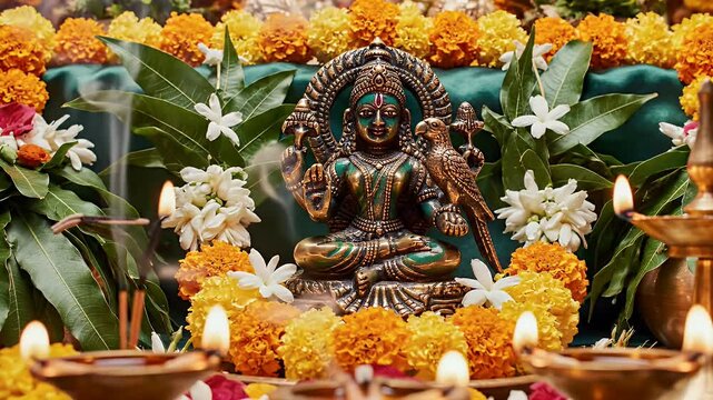 Matangi Jayanti background with green and floral altar decor for Hindu devotional worship