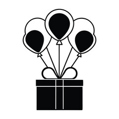 Black and white line art of two floating balloons with strings,Simple line art illustration of three balloons, one black and two white,