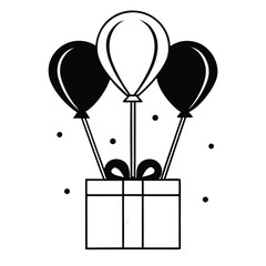 Black and white line art of two floating balloons with strings,Simple line art illustration of three balloons, one black and two white,