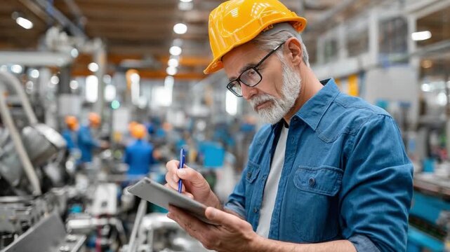 Focused Precision in Industry: A focused engineer, adorned with a hard hat, meticulously inspects and documents crucial machinery in a bustling factory setting.