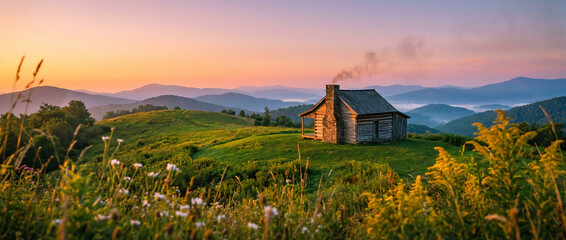 Peaceful log cabin on a green hill with smoke rising from the chimney, set against a stunning golden hour sunrise over rolling misty mountains