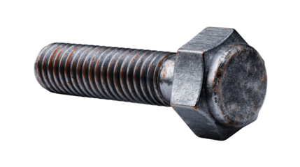 Old steel bolt featuring a threaded shank and a weathered hexagonal head, highlighting wear, oxidation, and durability