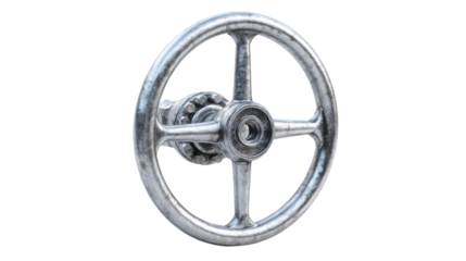 Metal handwheel from industrial machinery, showing details of aged metallic texture and construction on a transparent background