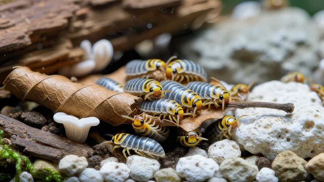 Cuban Isopods Feeding on a Dead Leaf in a Terrarium Enclosure