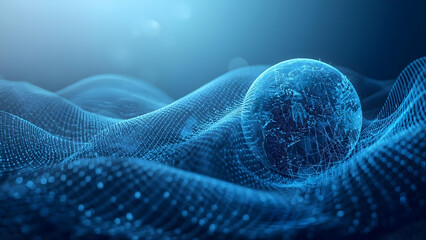 A futuristic digital representation of the Earth as a glowing blue orb surrounded by undulating waves of data points in a dark blue environment from an aerial viewpoint